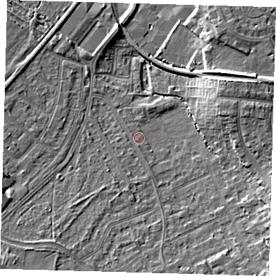 Shaded relief map of the ground around CR07UG, computed from Environment Agency LiDAR. The ground here sits at about 37 m above sea level and falls 11 m across the surrounding 800 m. Surface water reaching this point runs off ground lying to the south, 1.7 m higher.