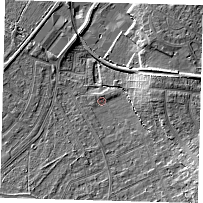 Shaded relief map of the ground around CR07UH, computed from Environment Agency LiDAR. The ground here sits at about 36 m above sea level and falls 12 m across the surrounding 800 m. Surface water reaching this point runs off ground lying to the south-east, 9.2 m higher.