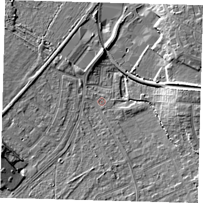 Shaded relief map of the ground around CR07UJ, computed from Environment Agency LiDAR. The ground here sits at about 36 m above sea level and falls 13 m across the surrounding 800 m. Surface water reaching this point runs off ground lying to the south-west, 5.4 m higher.