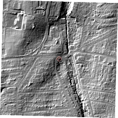 Shaded relief map of the ground around CR08ED, computed from Environment Agency LiDAR. The ground here sits at about 67 m above sea level and falls 20 m across the surrounding 800 m. Surface water reaching this point runs off ground lying to the west, 1.8 m higher.