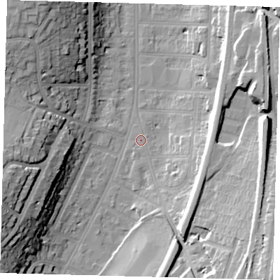 Shaded relief map of the ground around CR20FG, computed from Environment Agency LiDAR. The ground here sits at about 55 m above sea level and falls 29 m across the surrounding 800 m. Surface water reaching this point runs off ground lying to the south-east, 13.0 m higher.