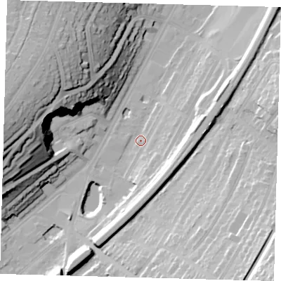 Shaded relief map of the ground around CR20NB, computed from Environment Agency LiDAR. The ground here sits at about 59 m above sea level and falls 43 m across the surrounding 800 m. Surface water reaching this point runs off ground lying to the south-south-west, 16.5 m higher.
