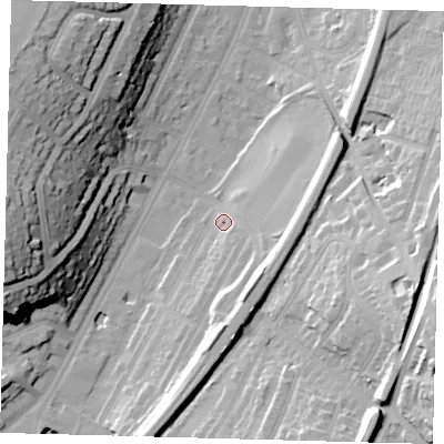 Shaded relief map of the ground around CR20ND, computed from Environment Agency LiDAR. The ground here sits at about 59 m above sea level and falls 34 m across the surrounding 800 m. Surface water reaching this point runs off ground lying to the south-south-west, 13.2 m higher.