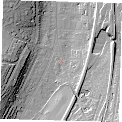 Shaded relief map of the ground around CR20PA, computed from Environment Agency LiDAR. The ground here sits at about 55 m above sea level and falls 33 m across the surrounding 800 m. Surface water reaching this point runs off ground lying to the east-south-east, 12.3 m higher.