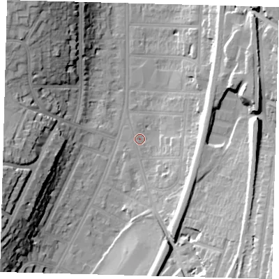 Shaded relief map of the ground around CR20PE, computed from Environment Agency LiDAR. The ground here sits at about 55 m above sea level and falls 32 m across the surrounding 800 m. Surface water reaching this point runs off ground lying to the south-east, 13.0 m higher.