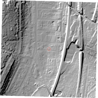 Shaded relief map of the ground around CR20PY, computed from Environment Agency LiDAR. The ground here sits at about 55 m above sea level and falls 35 m across the surrounding 800 m. Surface water reaching this point runs off ground lying to the east-south-east, 12.7 m higher.