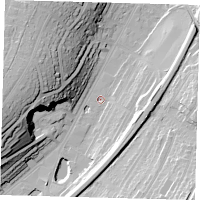 Shaded relief map of the ground around CR20RY, computed from Environment Agency LiDAR. The ground here sits at about 56 m above sea level and falls 43 m across the surrounding 800 m. Surface water reaching this point runs off ground lying to the south-south-east, 7.3 m higher.