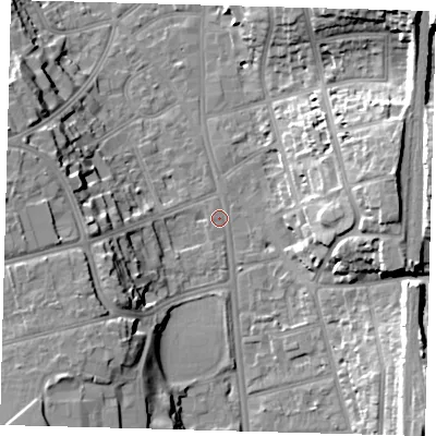 Shaded relief map of the ground around CR26AA, computed from Environment Agency LiDAR. The ground here sits at about 49 m above sea level and falls 21 m across the surrounding 800 m. Surface water reaching this point runs off ground lying to the south-east, 16.8 m higher.