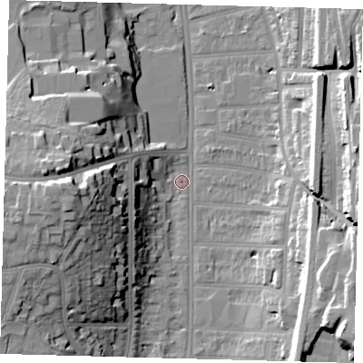 Shaded relief map of the ground around CR26AD, computed from Environment Agency LiDAR. The ground here sits at about 52 m above sea level and falls 29 m across the surrounding 800 m. Surface water reaching this point runs off ground lying to the east-south-east, 20.3 m higher.