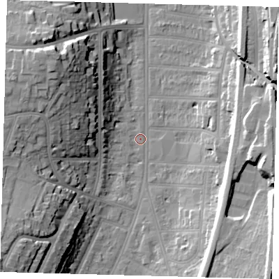 Shaded relief map of the ground around CR26AF, computed from Environment Agency LiDAR. The ground here sits at about 53 m above sea level and falls 31 m across the surrounding 800 m. Surface water reaching this point runs off ground lying to the south-west, 29.3 m higher.