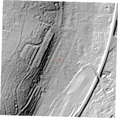 Shaded relief map of the ground around CR26AJ, computed from Environment Agency LiDAR. The ground here sits at about 56 m above sea level and falls 40 m across the surrounding 800 m. Surface water reaching this point runs off ground lying to the west-south-west, 2.1 m higher.