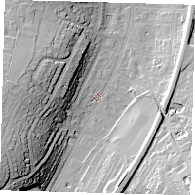 Shaded relief map of the ground around CR26AL, computed from Environment Agency LiDAR. The ground here sits at about 56 m above sea level and falls 40 m across the surrounding 800 m. Surface water reaching this point runs off ground lying to the south-west, 36.9 m higher.