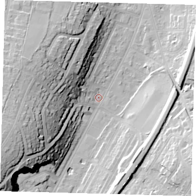 Shaded relief map of the ground around CR26AN, computed from Environment Agency LiDAR. The ground here sits at about 56 m above sea level and falls 42 m across the surrounding 800 m. Surface water reaching this point runs off ground lying to the west-south-west, 39.6 m higher.