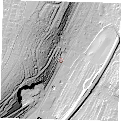 Shaded relief map of the ground around CR26AP, computed from Environment Agency LiDAR. The ground here sits at about 57 m above sea level and falls 43 m across the surrounding 800 m. Surface water reaching this point runs off ground lying to the west-south-west, 41.3 m higher.