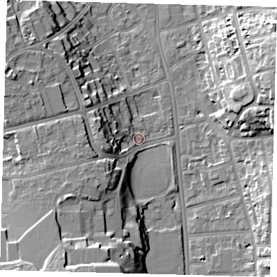 Shaded relief map of the ground around CR26AR, computed from Environment Agency LiDAR. The ground here sits at about 50 m above sea level and falls 22 m across the surrounding 800 m. Surface water reaching this point runs off ground lying to the south-south-west, 20.1 m higher.
