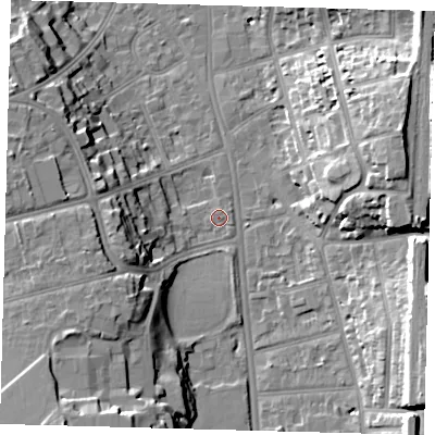 Shaded relief map of the ground around CR26AS, computed from Environment Agency LiDAR. The ground here sits at about 50 m above sea level and falls 21 m across the surrounding 800 m. Surface water reaching this point runs off ground lying to the south-east, 0.6 m higher.