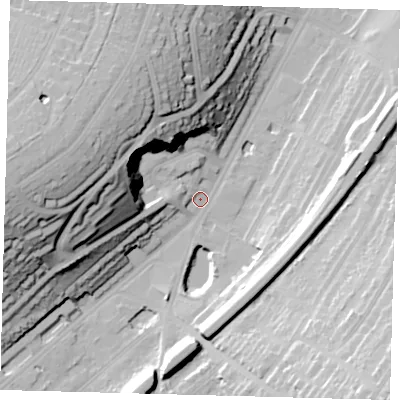 Shaded relief map of the ground around CR26AW, computed from Environment Agency LiDAR. The ground here sits at about 59 m above sea level and falls 46 m across the surrounding 800 m. Surface water reaching this point runs off ground lying to the west, 42.7 m higher.