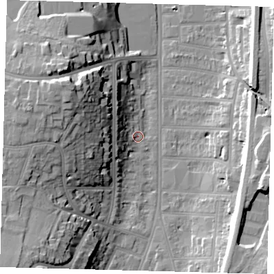 Shaded relief map of the ground around CR26AX, computed from Environment Agency LiDAR. The ground here sits at about 53 m above sea level and falls 32 m across the surrounding 800 m. Surface water reaching this point runs off ground lying to the north-west, 24.2 m higher.