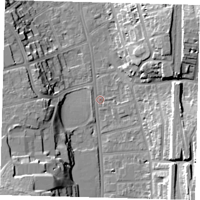Shaded relief map of the ground around CR26EA, computed from Environment Agency LiDAR. The ground here sits at about 50 m above sea level and falls 25 m across the surrounding 800 m. Surface water reaching this point runs off ground lying to the south-east, 19.8 m higher.