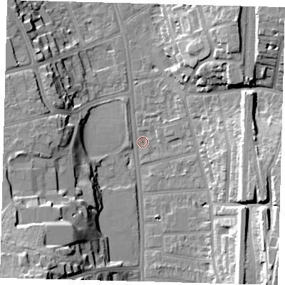 Shaded relief map of the ground around CR26EB, computed from Environment Agency LiDAR. The ground here sits at about 49 m above sea level and falls 28 m across the surrounding 800 m. Surface water reaching this point runs off ground lying to the south-east, 21.3 m higher.
