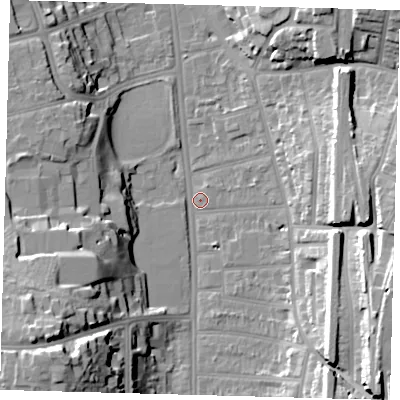 Shaded relief map of the ground around CR26ED, computed from Environment Agency LiDAR. The ground here sits at about 50 m above sea level and falls 30 m across the surrounding 800 m. Surface water reaching this point runs off ground lying to the south-east, 21.8 m higher.