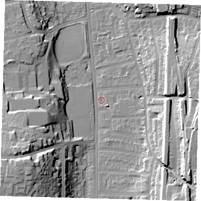 Shaded relief map of the ground around CR26EE, computed from Environment Agency LiDAR. The ground here sits at about 50 m above sea level and falls 29 m across the surrounding 800 m. Surface water reaching this point runs off ground lying to the south-east, 21.5 m higher.