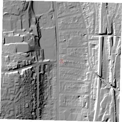 Shaded relief map of the ground around CR26EF, computed from Environment Agency LiDAR. The ground here sits at about 52 m above sea level and falls 29 m across the surrounding 800 m. Surface water reaching this point runs off ground lying to the south-east, 21.3 m higher.