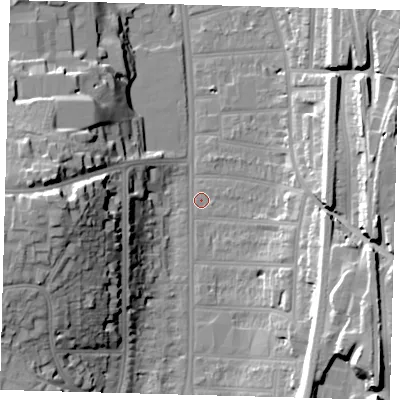 Shaded relief map of the ground around CR26EH, computed from Environment Agency LiDAR. The ground here sits at about 52 m above sea level and falls 29 m across the surrounding 800 m. Surface water reaching this point runs off ground lying to the south-east, 21.7 m higher.
