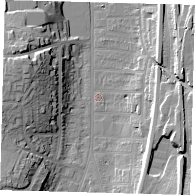 Shaded relief map of the ground around CR26EJ, computed from Environment Agency LiDAR. The ground here sits at about 53 m above sea level and falls 29 m across the surrounding 800 m. Surface water reaching this point runs off ground lying to the south-west, 26.6 m higher.