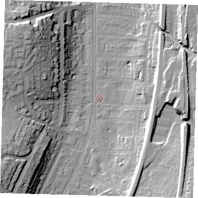Shaded relief map of the ground around CR26EL, computed from Environment Agency LiDAR. The ground here sits at about 53 m above sea level and falls 29 m across the surrounding 800 m. Surface water reaching this point runs off ground lying to the south-west, 28.0 m higher.