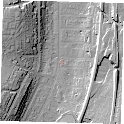 Shaded relief map of the ground around CR26EN, computed from Environment Agency LiDAR. The ground here sits at about 54 m above sea level and falls 29 m across the surrounding 800 m. Surface water reaching this point runs off ground lying to the south-west, 27.3 m higher.