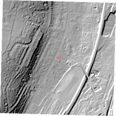 Shaded relief map of the ground around CR26ER, computed from Environment Agency LiDAR. The ground here sits at about 55 m above sea level and falls 34 m across the surrounding 800 m. Surface water reaching this point runs off ground lying to the south, 14.8 m higher.