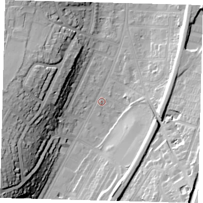 Shaded relief map of the ground around CR26ES, computed from Environment Agency LiDAR. The ground here sits at about 56 m above sea level and falls 36 m across the surrounding 800 m. Surface water reaching this point runs off ground lying to the south, 15.1 m higher.