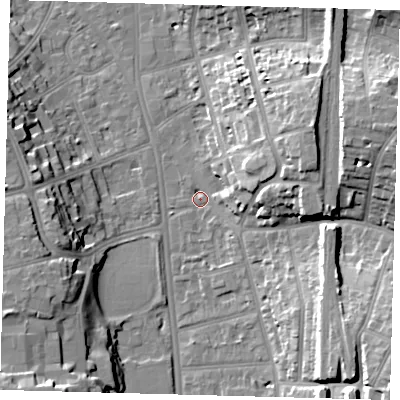 Shaded relief map of the ground around CR26ET, computed from Environment Agency LiDAR. The ground here sits at about 50 m above sea level and falls 23 m across the surrounding 800 m. Surface water reaching this point runs off ground lying to the east-north-east, 18.2 m higher.