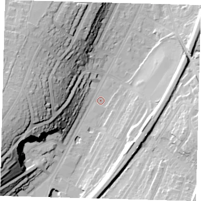 Shaded relief map of the ground around CR26EU, computed from Environment Agency LiDAR. The ground here sits at about 56 m above sea level and falls 42 m across the surrounding 800 m. Surface water reaching this point runs off ground lying to the south, 14.9 m higher.