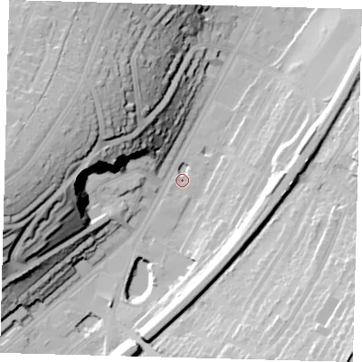 Shaded relief map of the ground around CR26EW, computed from Environment Agency LiDAR. The ground here sits at about 58 m above sea level and falls 44 m across the surrounding 800 m. Surface water reaching this point runs off ground lying to the south-south-west, 16.5 m higher.