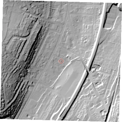 Shaded relief map of the ground around CR26EX, computed from Environment Agency LiDAR. The ground here sits at about 56 m above sea level and falls 38 m across the surrounding 800 m. Surface water reaching this point runs off ground lying to the south, 14.4 m higher.