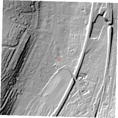 Shaded relief map of the ground around CR26EZ, computed from Environment Agency LiDAR. The ground here sits at about 56 m above sea level and falls 41 m across the surrounding 800 m. Surface water reaching this point runs off ground lying to the south-east, 38.2 m higher.