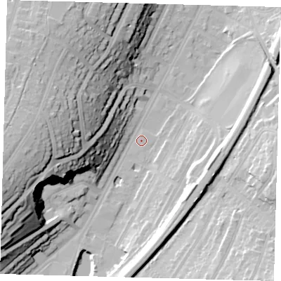 Shaded relief map of the ground around CR26FZ, computed from Environment Agency LiDAR. The ground here sits at about 57 m above sea level and falls 42 m across the surrounding 800 m. Surface water reaching this point runs off ground lying to the west-south-west, 40.2 m higher.