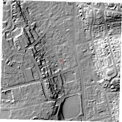 Shaded relief map of the ground around CR26GD, computed from Environment Agency LiDAR. The ground here sits at about 49 m above sea level and falls 19 m across the surrounding 800 m. Surface water reaching this point runs off ground lying to the south-west, 11.8 m higher.