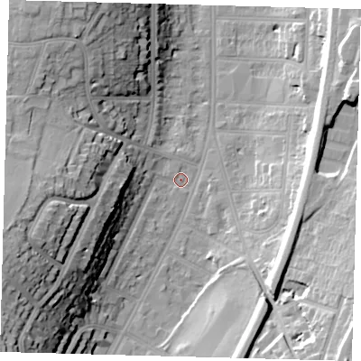Shaded relief map of the ground around CR26GY, computed from Environment Agency LiDAR. The ground here sits at about 55 m above sea level and falls 34 m across the surrounding 800 m. Surface water reaching this point runs off ground lying to the south-west, 31.8 m higher.