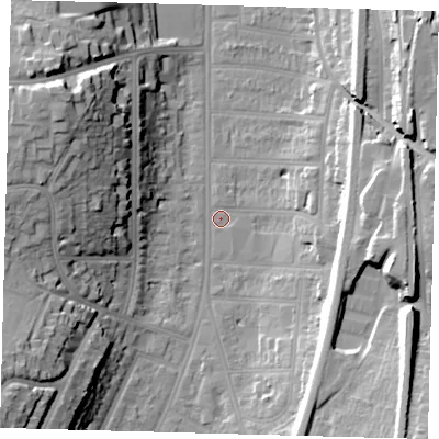Shaded relief map of the ground around CR26GZ, computed from Environment Agency LiDAR. The ground here sits at about 53 m above sea level and falls 29 m across the surrounding 800 m. Surface water reaching this point runs off ground lying to the south-west, 27.5 m higher.