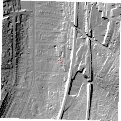 Shaded relief map of the ground around CR26HD, computed from Environment Agency LiDAR. The ground here sits at about 58 m above sea level and falls 34 m across the surrounding 800 m. Surface water reaching this point runs off ground lying to the east-south-east, 11.8 m higher.