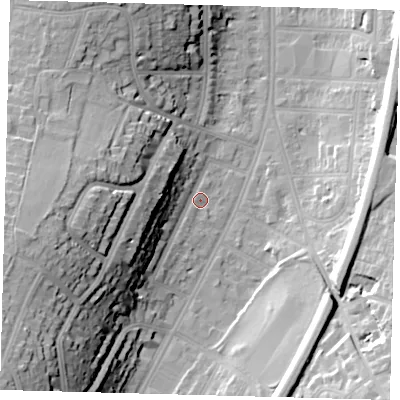 Shaded relief map of the ground around CR26HE, computed from Environment Agency LiDAR. The ground here sits at about 56 m above sea level and falls 39 m across the surrounding 800 m. Surface water reaching this point runs off ground lying to the south-west, 18.0 m higher.