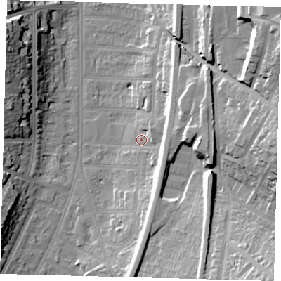 Shaded relief map of the ground around CR26HJ, computed from Environment Agency LiDAR. The ground here sits at about 57 m above sea level and falls 36 m across the surrounding 800 m. Surface water reaching this point runs off ground lying to the south-east, 30.8 m higher.