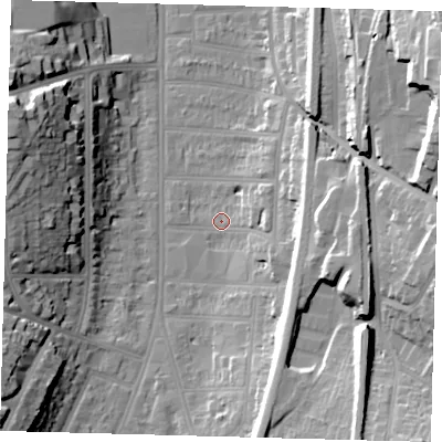 Shaded relief map of the ground around CR26HL, computed from Environment Agency LiDAR. The ground here sits at about 53 m above sea level and falls 30 m across the surrounding 800 m. Surface water reaching this point runs off ground lying to the east-south-east, 7.2 m higher.