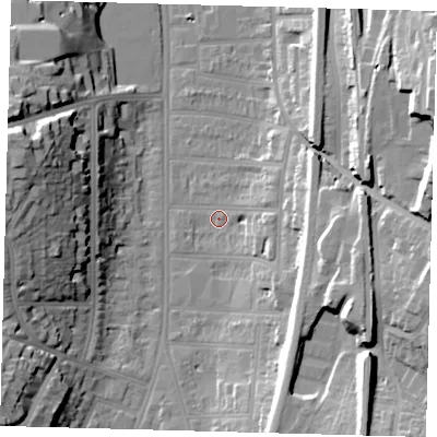 Shaded relief map of the ground around CR26HN, computed from Environment Agency LiDAR. The ground here sits at about 53 m above sea level and falls 29 m across the surrounding 800 m. Surface water reaching this point runs off ground lying to the south-east, 20.5 m higher.