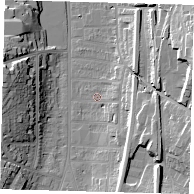 Shaded relief map of the ground around CR26HP, computed from Environment Agency LiDAR. The ground here sits at about 53 m above sea level and falls 31 m across the surrounding 800 m. Surface water reaching this point runs off ground lying to the south-east, 20.0 m higher.