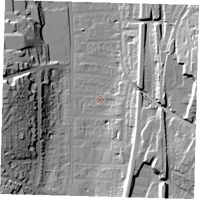 Shaded relief map of the ground around CR26HQ, computed from Environment Agency LiDAR. The ground here sits at about 53 m above sea level and falls 31 m across the surrounding 800 m. Surface water reaching this point runs off ground lying to the east-south-east, 16.5 m higher.