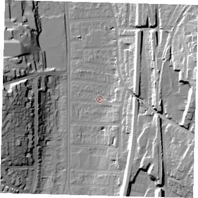 Shaded relief map of the ground around CR26HR, computed from Environment Agency LiDAR. The ground here sits at about 53 m above sea level and falls 33 m across the surrounding 800 m. Surface water reaching this point runs off ground lying to the east-south-east, 16.4 m higher.